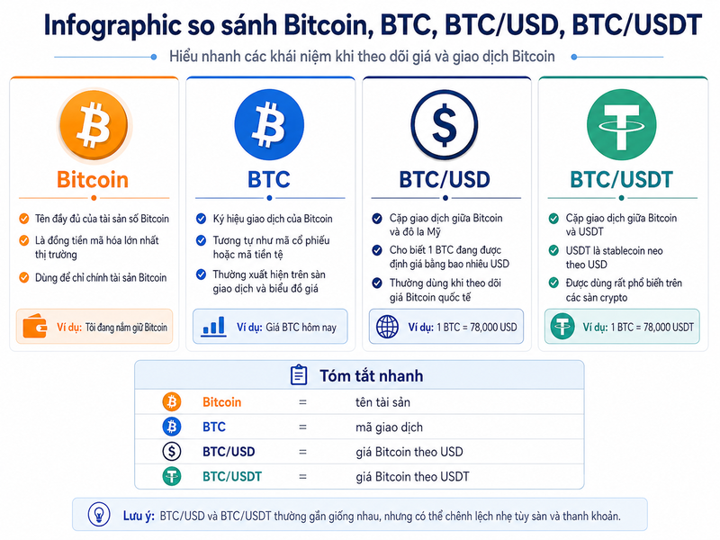 Giá Bitcoin, giá BTC và tỷ giá BTC/USD đều liên quan đến việc định giá Bitcoin bằng tiền pháp định hoặc stablecoin. 