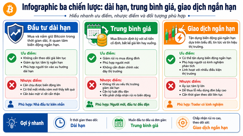 Mỗi nhà đầu tư có thể chọn chiến lược Bitcoin khác nhau tùy mục tiêu và khẩu vị rủi ro. 