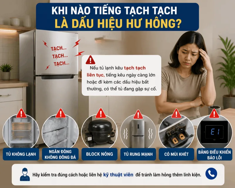 Nếu tủ lạnh kêu lớn liên tục, lạnh yếu, có mùi khét hoặc rung mạnh, người dùng nên gọi kỹ thuật viên kiểm tra sớm.